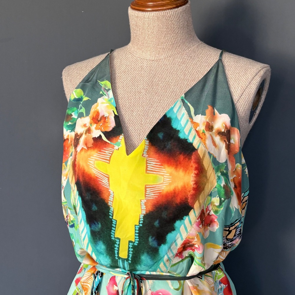 Rory Beca Silk Mini Dress | Sz Large | Turquoise Floral Geometric Boho